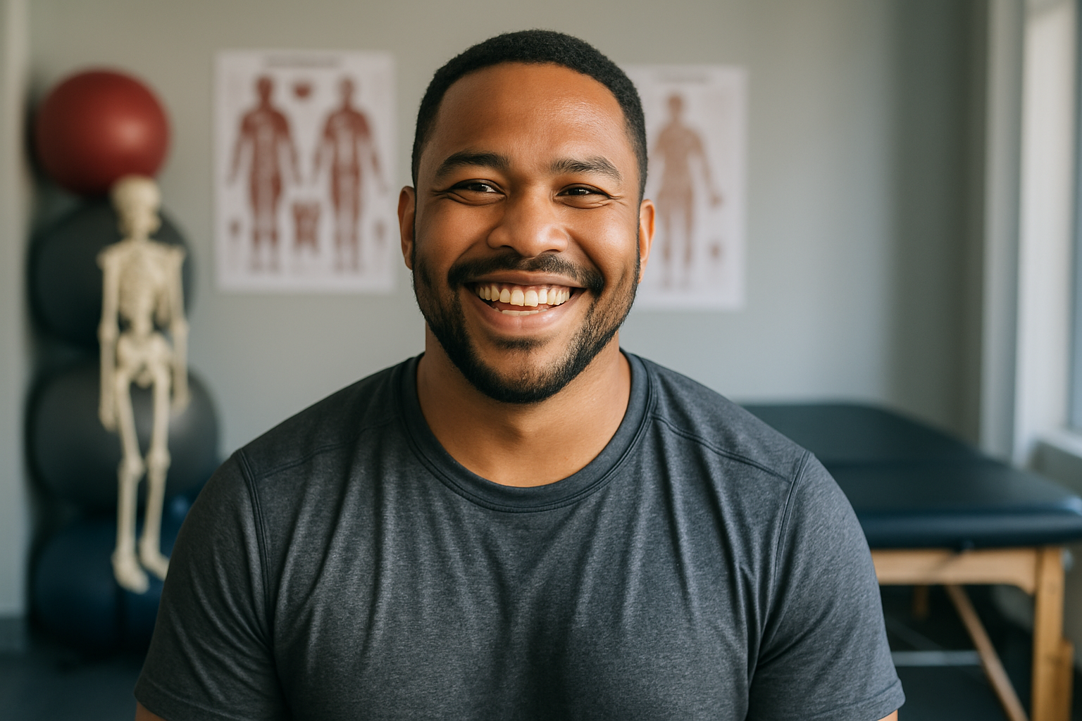 Client smiling after sports therapy session