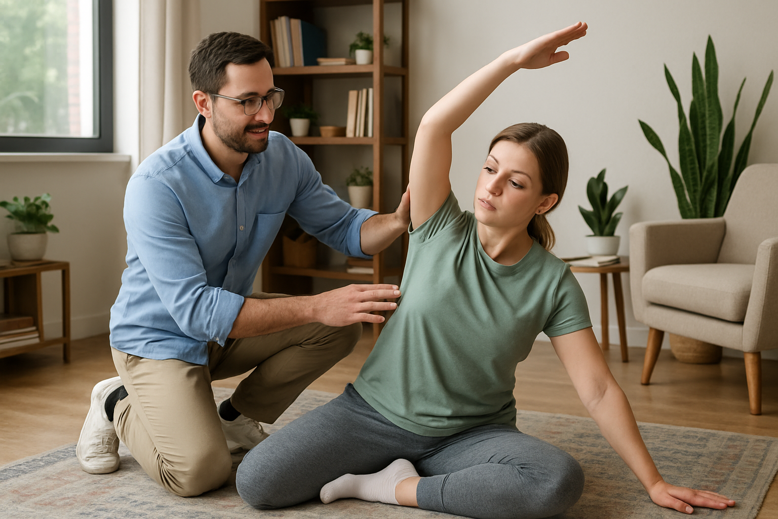 Therapist guiding client through mobility exercises